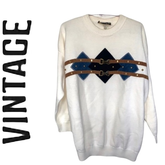 Vintage GEPETTO 100% Cotton Long Sleeve Argyle Knit Pullover Sweater - Picture 1 of 8